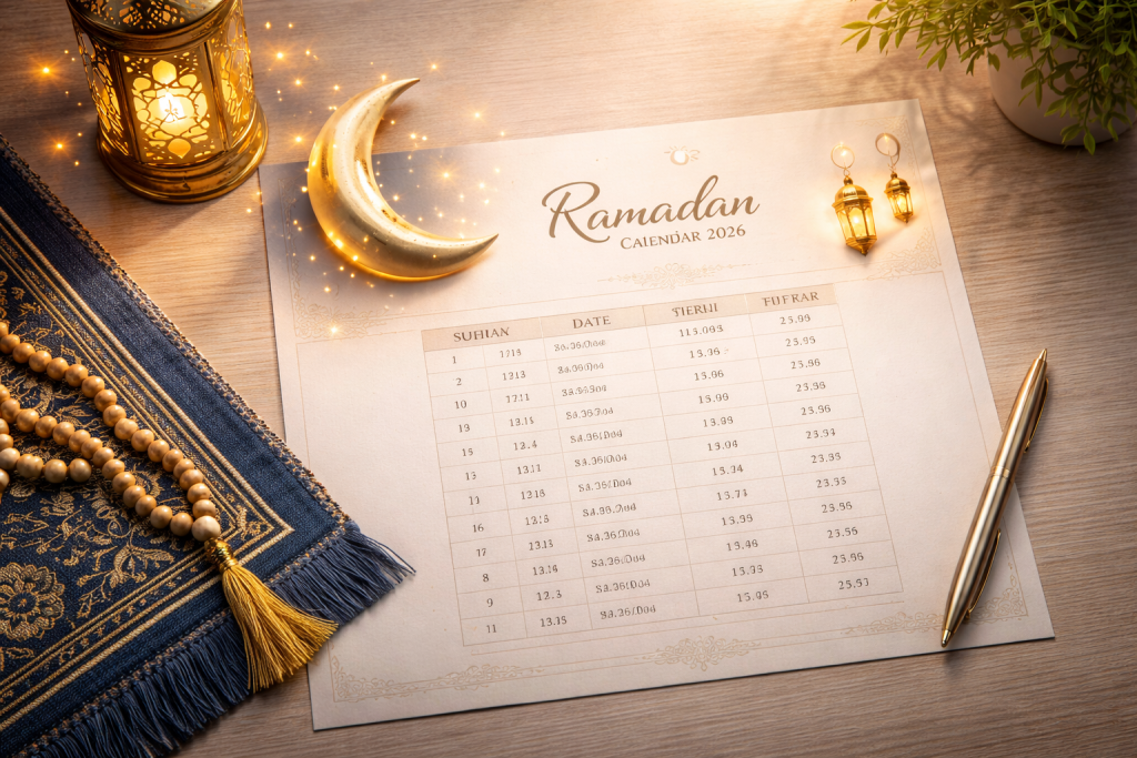 Ramadan calendar 2026 Pakistan showing Sehri and Iftar timings timetable