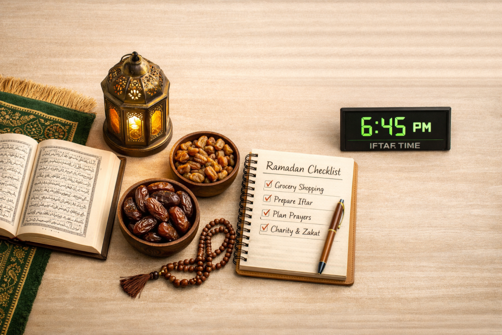 Ramzan preparations checklist with Quran, prayer mat, dates and iftar planning items