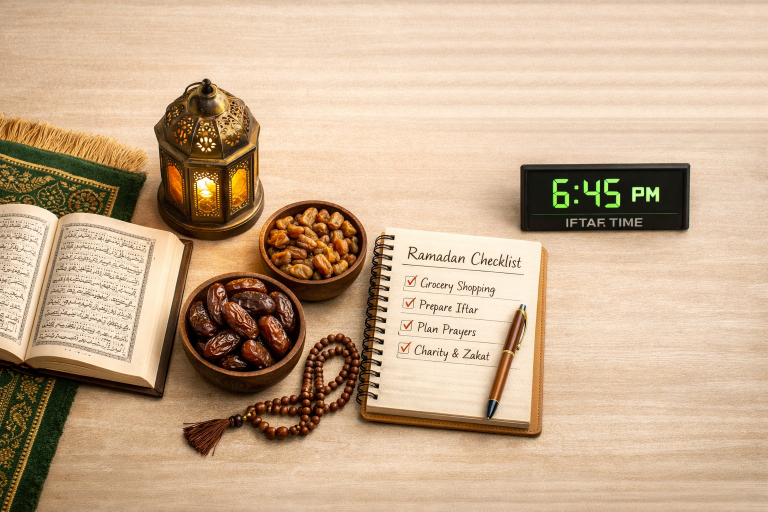 Ramzan preparations checklist with Quran, prayer mat, dates and iftar planning items