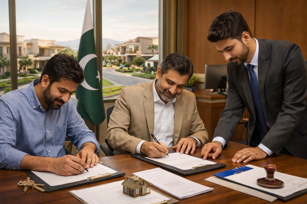 Step by step property transfer process in Pakistan showing legal documentation and registration