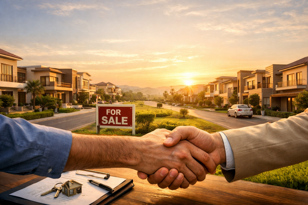 Guide for buying and selling properties in Pakistan with houses and real estate concept