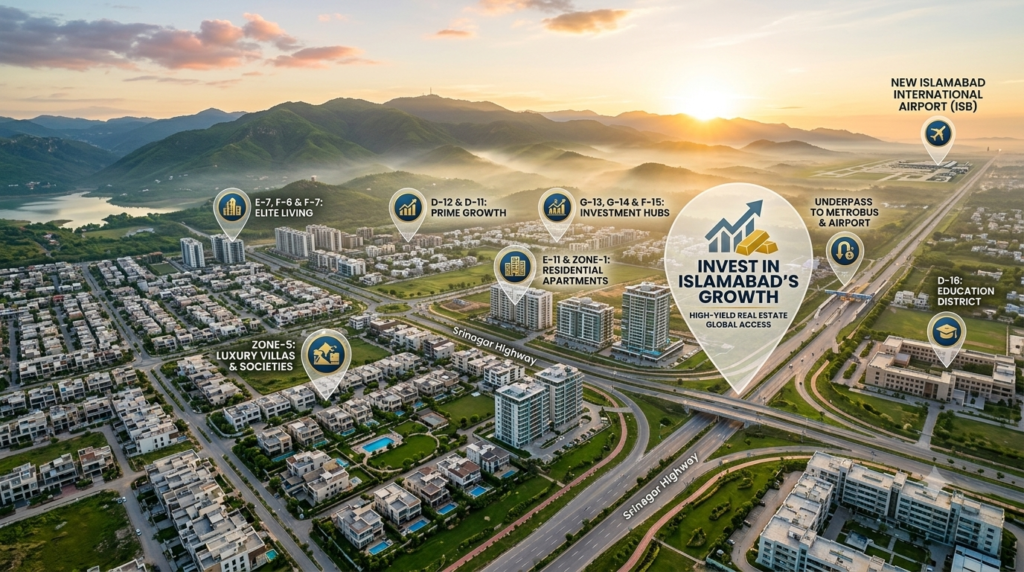 Best investment areas in Islamabad showing modern housing societies and residential developments.